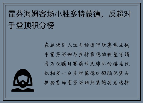 霍芬海姆客场小胜多特蒙德，反超对手登顶积分榜