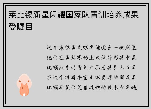 莱比锡新星闪耀国家队青训培养成果受瞩目