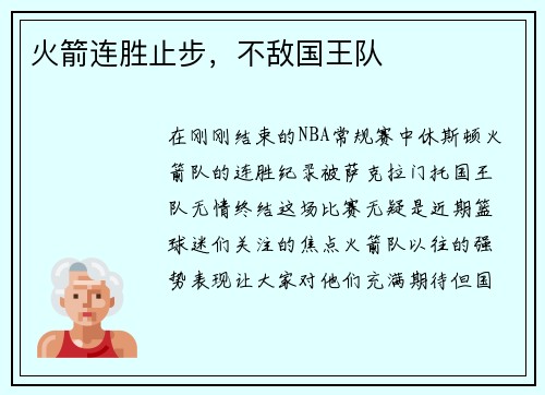 火箭连胜止步，不敌国王队